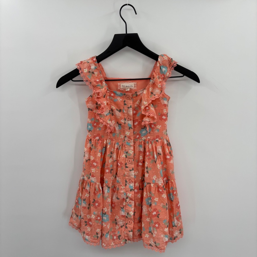 btween Girls Peach Floral Swiss Dot Ruffle Button Front‎ Tiered Dress Size 5
